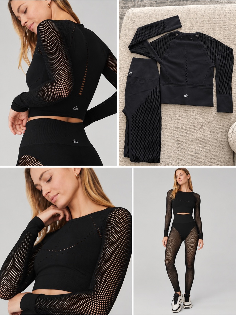 ALO Yoga Black Mesh Long Sleeve set